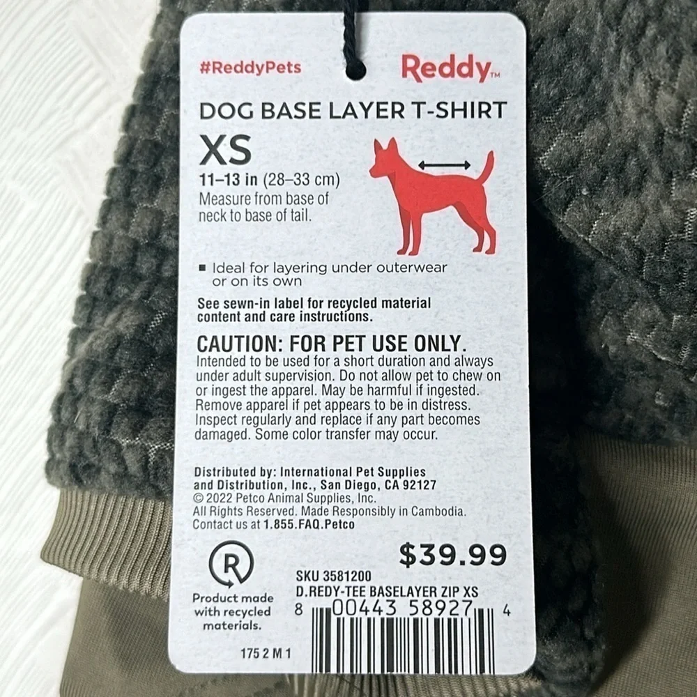 🆕 REDDY PETS Dog zip up base layer tshirt
